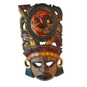 vintage Mayan-Inspired Handcrafted Wooden Wall Mask Multicolor Decorative Art